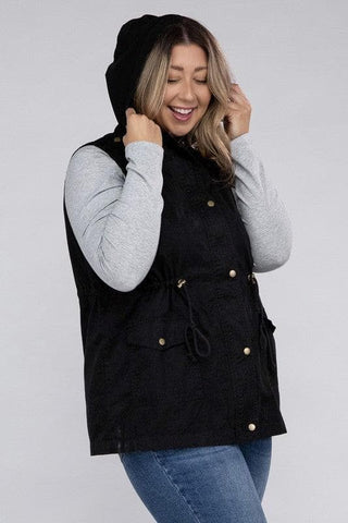 ZENANA Plus Drawstring Waist Military Hoodie Vest - SwagglyLife Home & Fashion