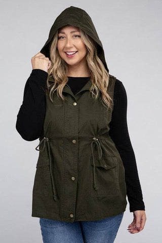 ZENANA Plus Drawstring Waist Military Hoodie Vest - SwagglyLife Home & Fashion