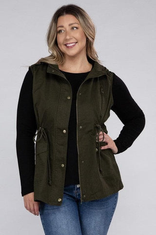 ZENANA Plus Drawstring Waist Military Hoodie Vest - SwagglyLife Home & Fashion