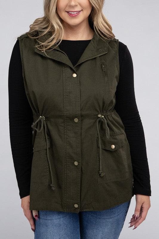 ZENANA Plus Drawstring Waist Military Hoodie Vest - SwagglyLife Home & Fashion