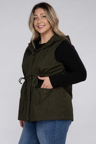 ZENANA Plus Drawstring Waist Military Hoodie Vest - SwagglyLife Home & Fashion