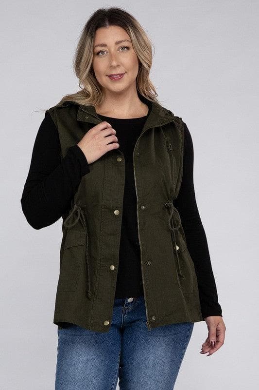 ZENANA Plus Drawstring Waist Military Hoodie Vest - SwagglyLife Home & Fashion