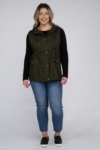 ZENANA Plus Drawstring Waist Military Hoodie Vest - SwagglyLife Home & Fashion