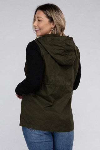 ZENANA Plus Drawstring Waist Military Hoodie Vest - SwagglyLife Home & Fashion