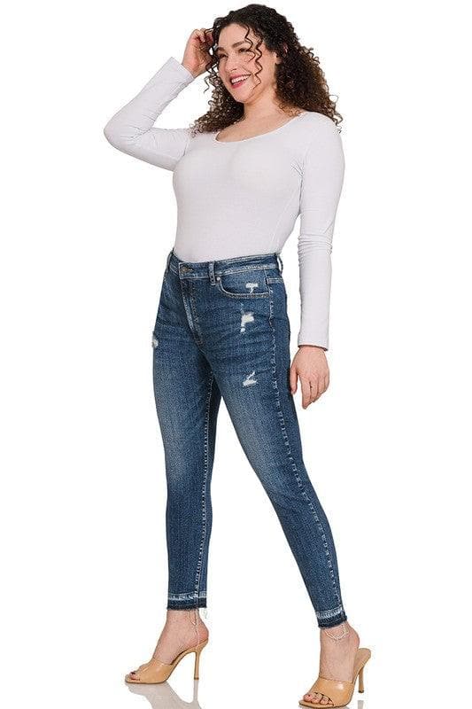 ZENANA Plus High Rise Distressed Cropped Skinny Denim Jeans - SwagglyLife Home & Fashion