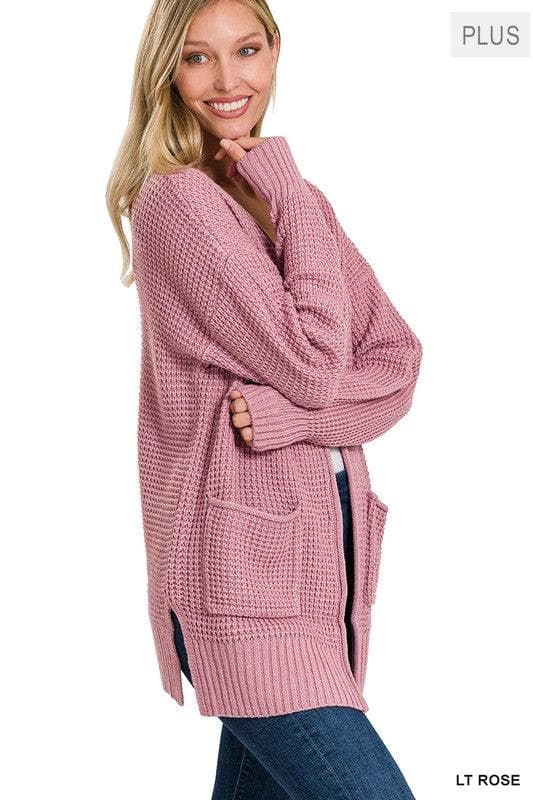 ZENANA Plus Low Gauge Waffle Open Cardigan Sweater - SwagglyLife Home & Fashion