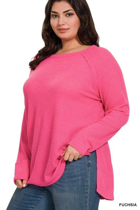 ZENANA Plus Melange Baby Waffle Long Sleeve Top - SwagglyLife Home & Fashion