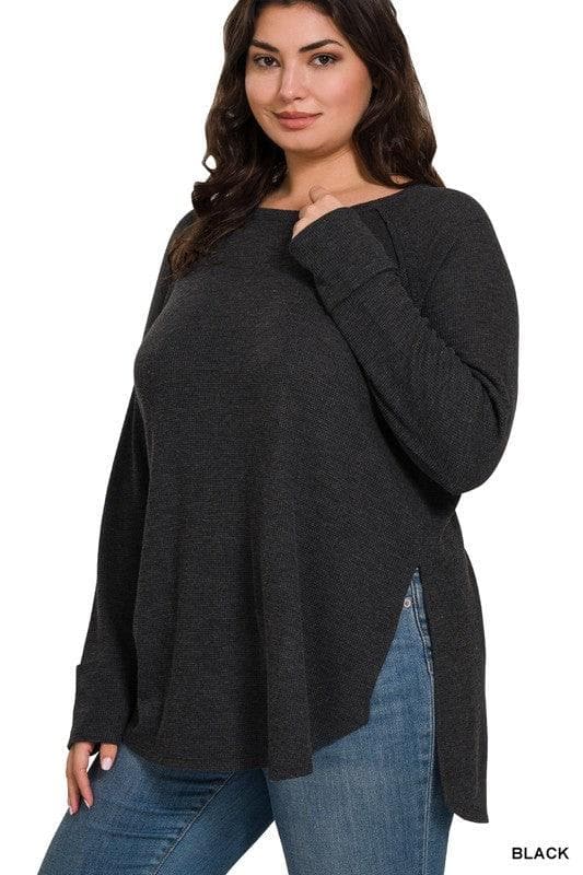 ZENANA Plus Melange Baby Waffle Long Sleeve Top - SwagglyLife Home & Fashion