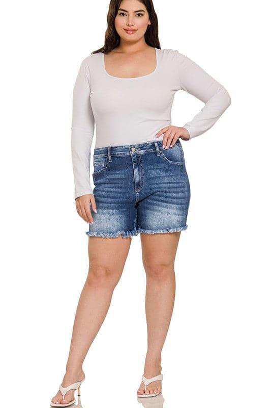 ZENANA Plus Mid Rise Raw Frayed Hem Denim Shorts - SwagglyLife Home & Fashion