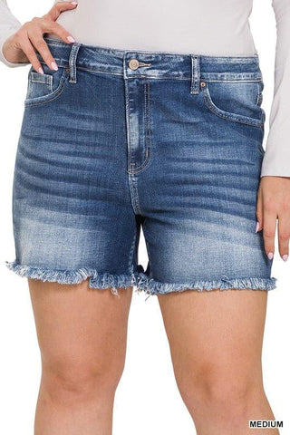 ZENANA Plus Mid Rise Raw Frayed Hem Denim Shorts - SwagglyLife Home & Fashion