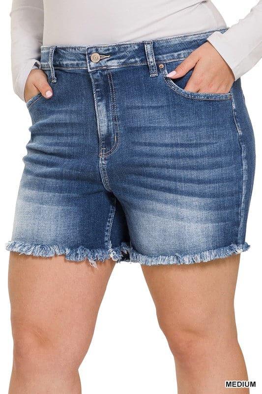 ZENANA Plus Mid Rise Raw Frayed Hem Denim Shorts - SwagglyLife Home & Fashion