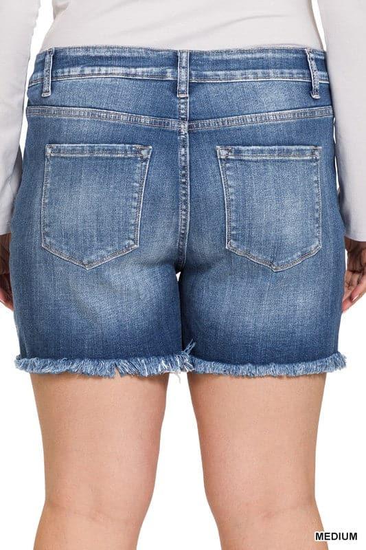 ZENANA Plus Mid Rise Raw Frayed Hem Denim Shorts - SwagglyLife Home & Fashion