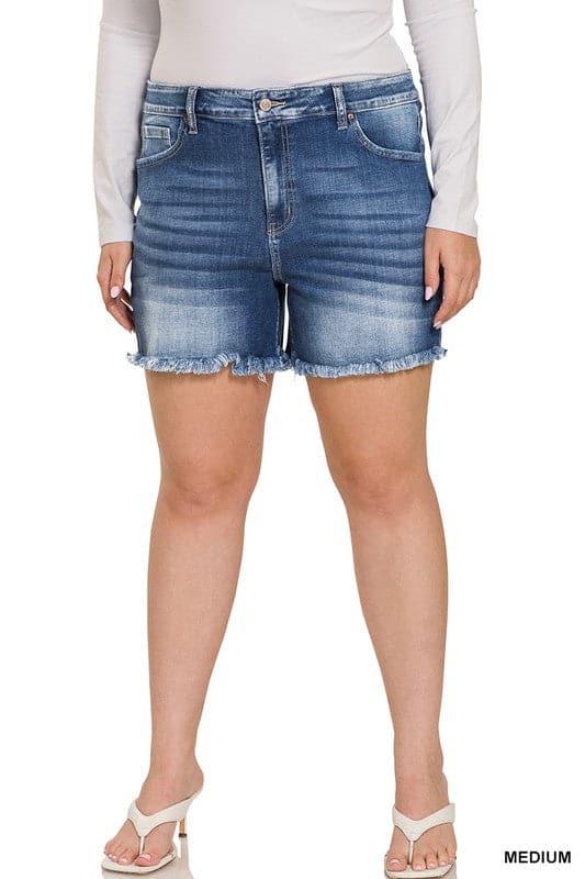 ZENANA Plus Mid Rise Raw Frayed Hem Denim Shorts - SwagglyLife Home & Fashion