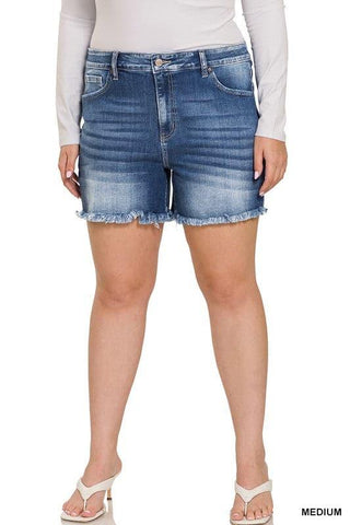 ZENANA Plus Mid Rise Raw Frayed Hem Denim Shorts - SwagglyLife Home & Fashion