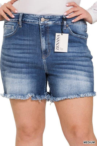 ZENANA Plus Mid Rise Raw Frayed Hem Denim Shorts - SwagglyLife Home & Fashion