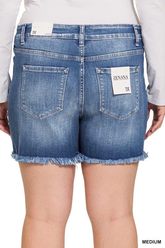 ZENANA Plus Mid Rise Raw Frayed Hem Denim Shorts - SwagglyLife Home & Fashion
