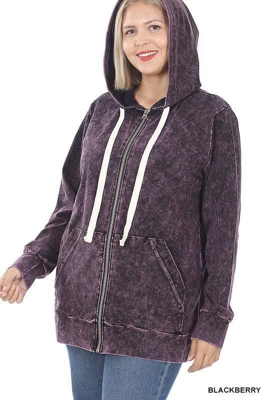 ZENANA Plus Mineral Wash Zippers Hoodie Jacket - SwagglyLife Home & Fashion
