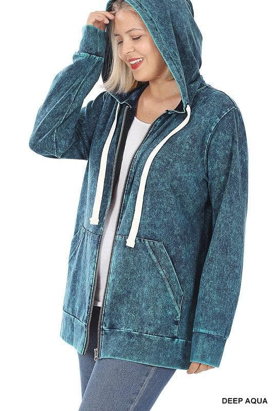 ZENANA Plus Mineral Wash Zippers Hoodie Jacket - SwagglyLife Home & Fashion