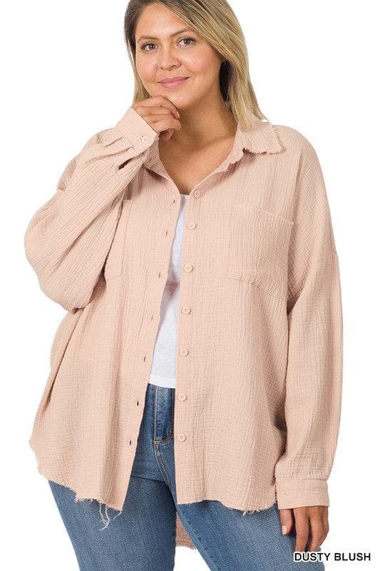 ZENANA Plus Oversized Raw Edge Shirt - SwagglyLife Home & Fashion