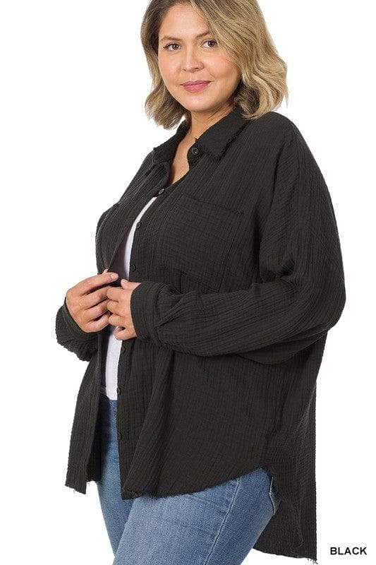 ZENANA Plus Oversized Raw Edge Shirt - SwagglyLife Home & Fashion