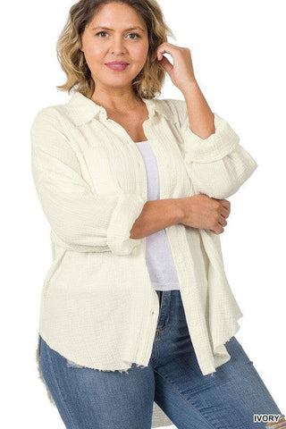 ZENANA Plus Oversized Raw Edge Shirt - SwagglyLife Home & Fashion