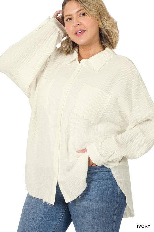 ZENANA Plus Oversized Raw Edge Shirt - SwagglyLife Home & Fashion