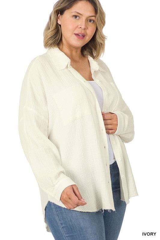 ZENANA Plus Oversized Raw Edge Shirt - SwagglyLife Home & Fashion