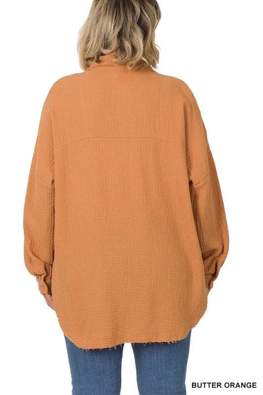 ZENANA Plus Oversized Raw Edge Shirt - SwagglyLife Home & Fashion