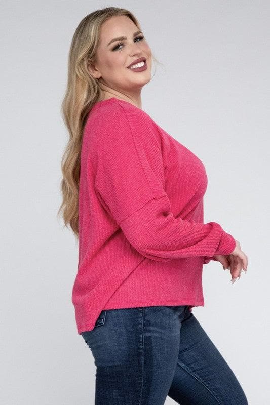 ZENANA Plus Ribbed Brushed Melange Hacci Sweater - SwagglyLife Home & Fashion