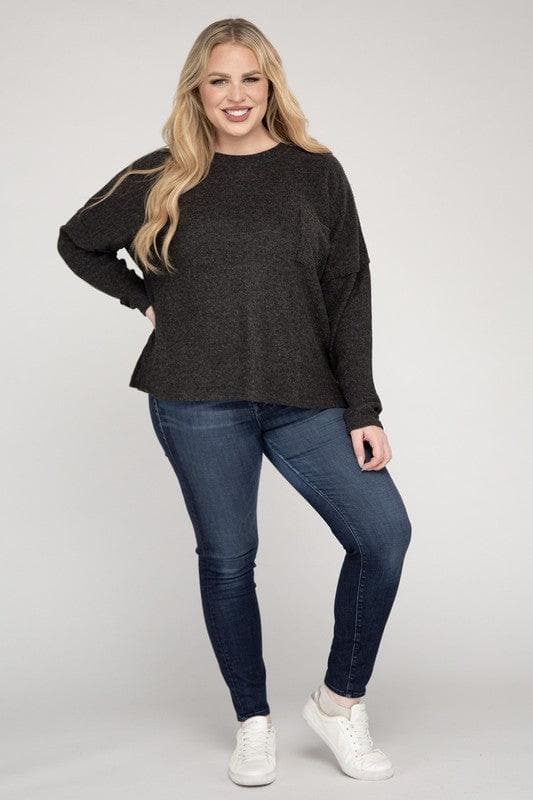 ZENANA Plus Ribbed Brushed Melange Hacci Sweater - SwagglyLife Home & Fashion
