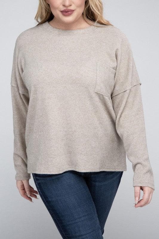 ZENANA Plus Ribbed Brushed Melange Hacci Sweater - SwagglyLife Home & Fashion