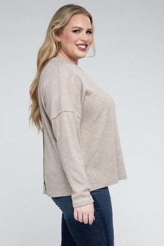 ZENANA Plus Ribbed Brushed Melange Hacci Sweater - SwagglyLife Home & Fashion