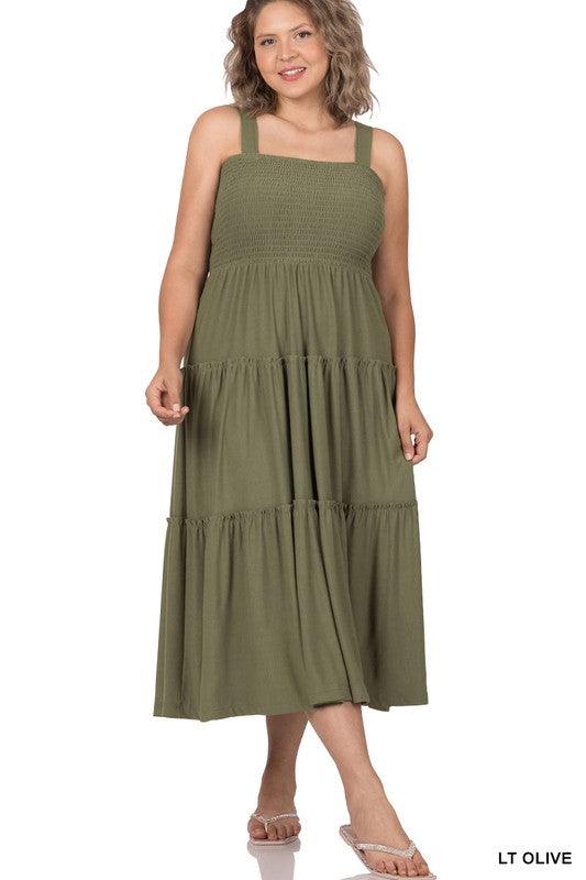 Zenana Plus Smocked Tiered Midi Dress - SwagglyLife Home & Fashion