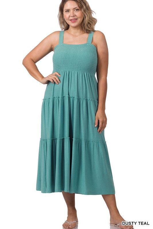 Zenana Plus Smocked Tiered Midi Dress - SwagglyLife Home & Fashion