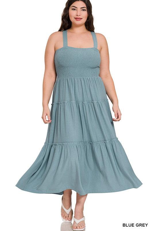 Zenana Plus Smocked Tiered Midi Dress - SwagglyLife Home & Fashion