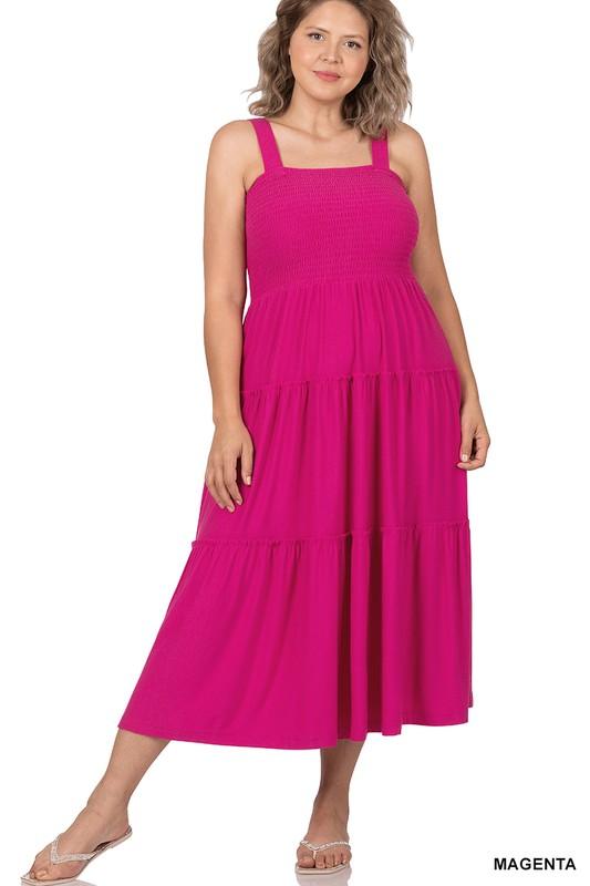 Zenana Plus Smocked Tiered Midi Dress - SwagglyLife Home & Fashion