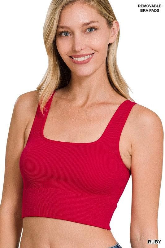 ZENANA Ribbed Square Neck Cropped Tank Top With Bra Pads - SwagglyLife Home & Fashion