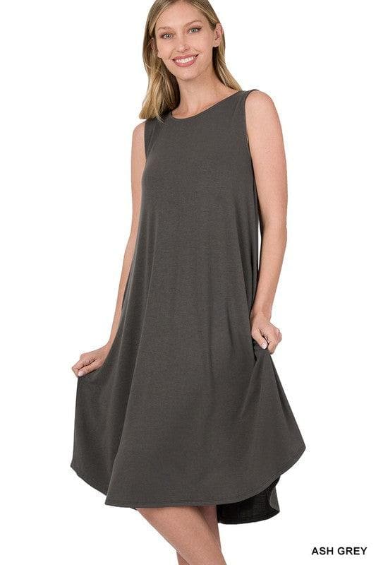 ZENANA Sleeveless Round Neck Hem Midi Dress with Pockets - SwagglyLife Home & Fashion