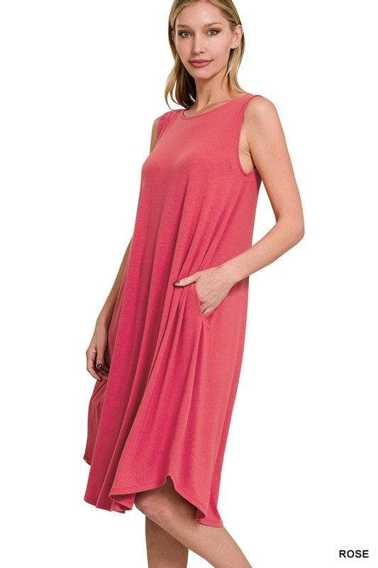 ZENANA Sleeveless Round Neck Hem Midi Dress with Pockets - SwagglyLife Home & Fashion