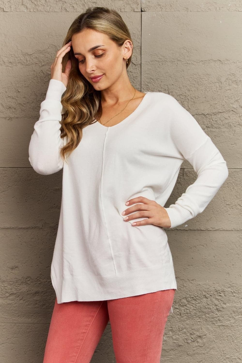 Zenana Sweater Weather Center Seam Tunic Sweater, Ivory - SwagglyLife Home & Fashion