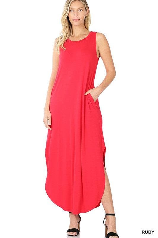 ZENANA Viscose Sleeveless Maxi Dress with Side Slits Pockets, Multiple Colors - SwagglyLife Home & Fashion