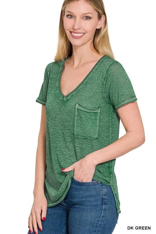 ZENANA Washed Melange Burnout Scoop V-Neck Top - SwagglyLife Home & Fashion