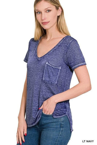 ZENANA Washed Melange Burnout Scoop V-Neck Top - SwagglyLife Home & Fashion