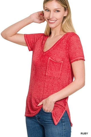 ZENANA Washed Melange Burnout Scoop V-Neck Top - SwagglyLife Home & Fashion