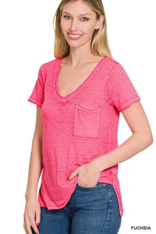 ZENANA Washed Melange Burnout Scoop V-Neck Top - SwagglyLife Home & Fashion