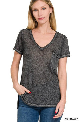 ZENANA Washed Melange Burnout Scoop V-Neck Top - SwagglyLife Home & Fashion