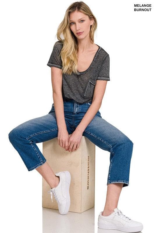 ZENANA Washed Melange Burnout Scoop V-Neck Top - SwagglyLife Home & Fashion