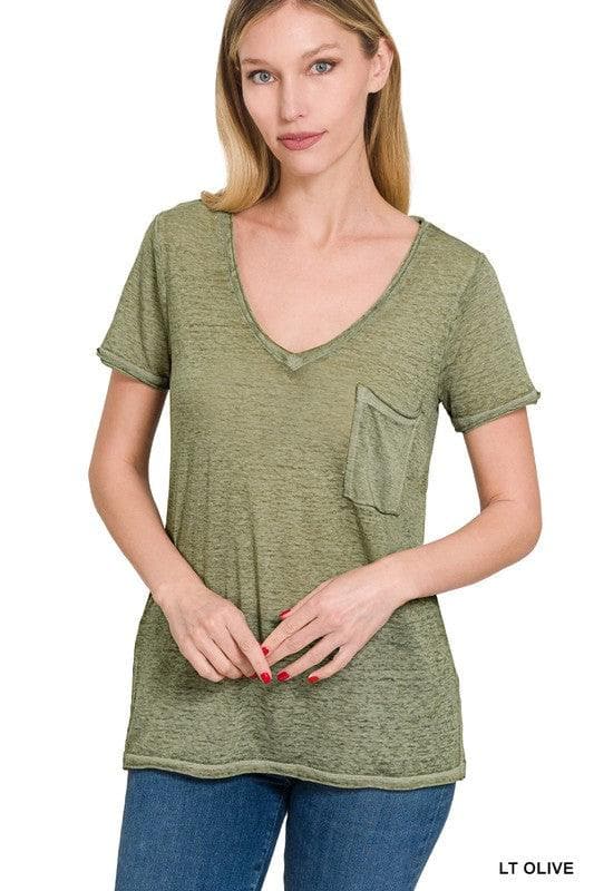 ZENANA Washed Melange Burnout Scoop V-Neck Top - SwagglyLife Home & Fashion