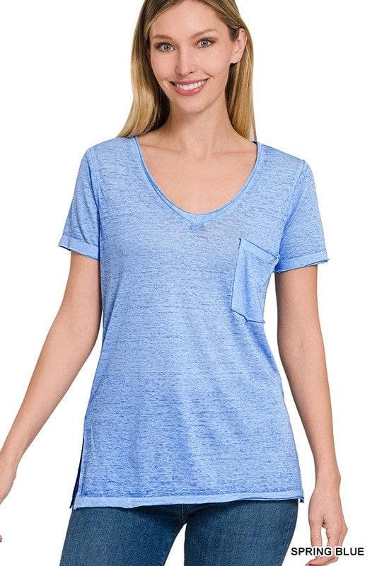 ZENANA Washed Melange Burnout Scoop V-Neck Top - SwagglyLife Home & Fashion