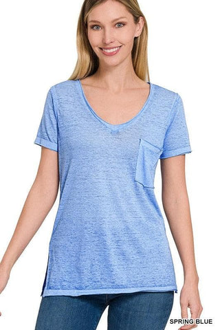 ZENANA Washed Melange Burnout Scoop V-Neck Top - SwagglyLife Home & Fashion